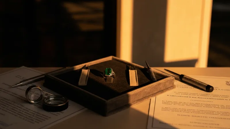 Essayage d'une bague émeraude chez un joaillier